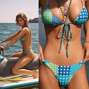 NWT Vanessa Mooney Arabella bikini bottom patchwork green blue‎ XXS